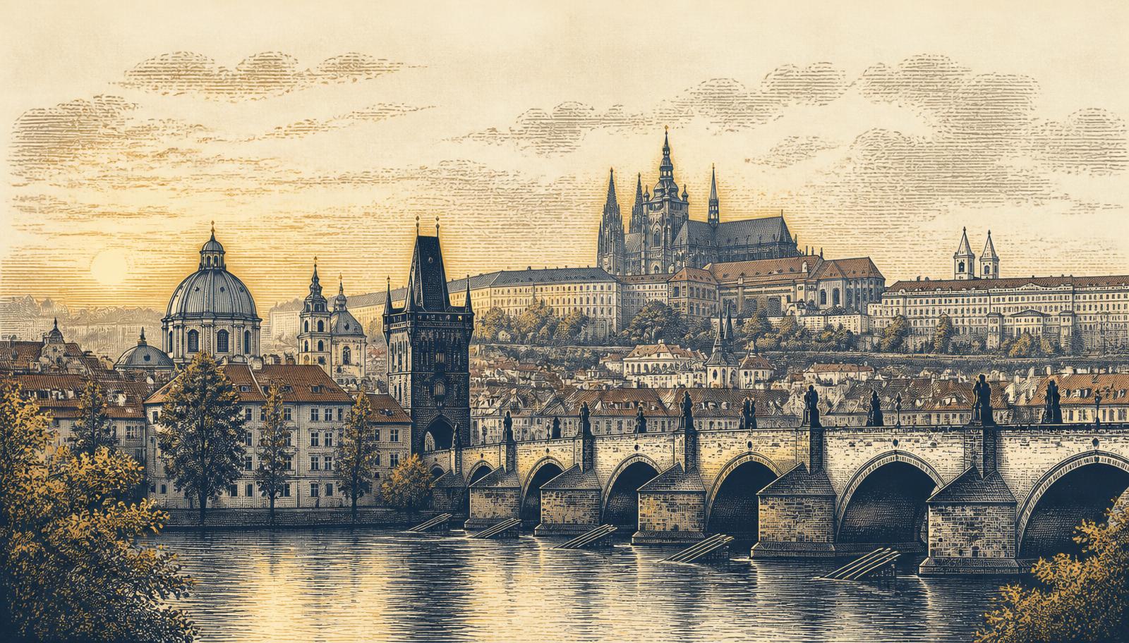 Engraved illustration of the Prague skyline with Charles Bridge and Prague Castle at dawn